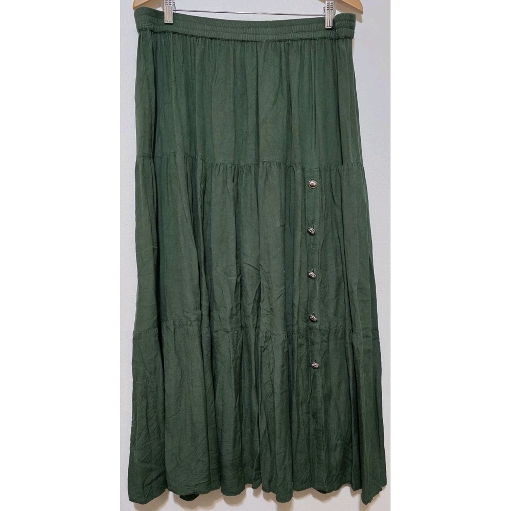 Maxi Skirt Crazy Cowgirl Women M Tiered Button‎ Front Rodeo Western Olive Boho